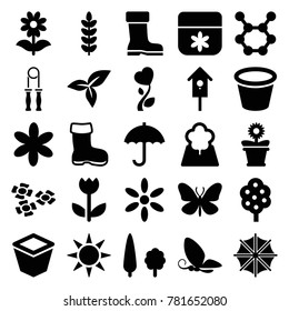Spring icons. set of 25 editable filled spring icons such as tree, boot, butterfly, sun, flower, plant, pot for plants, flower pot, nesting house, leaf, spring rotate