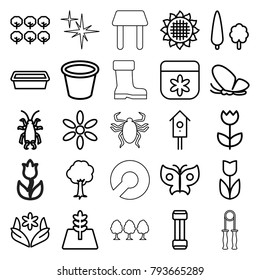 Spring icons. set of 25 editable outline spring icons such as sunflower, tree, butterfly, beetle, sun, flower, expander sport, pot for plants, nesting house, boot, table