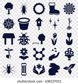 Spring icons set. set of 25 spring filled icons such as rabbit, sunflower, boot, hand with seeds, beetle, table, flower, clean, pot for plants, tree, nesting house, ladybug