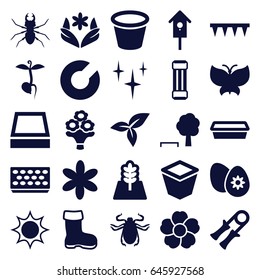 Spring icons set. set of 25 spring filled icons such as boot, beetle, flower, clean, plowing tool, pot for plants, nesting house, sprout, leaf, easter egg, bouquet flower