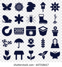 Spring icons set. set of 25 spring filled icons such as rabbit, boot, butterfly, beetle, umbrella, table, flower, pot for plants, flower pot, nesting house, sprout, leaf, tree