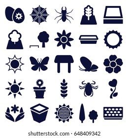 Spring icons set. set of 25 spring filled icons such as sunflower, butterfly, beetle, table, flower, pot for plants, flower pot, heart flower, easter egg, sun, tree