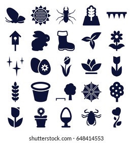 Spring icons set. set of 25 spring filled icons such as rabbit, sunflower, tree, boot, butterfly, beetle, clean, plowing tool, pot for plants, flower pot, flower