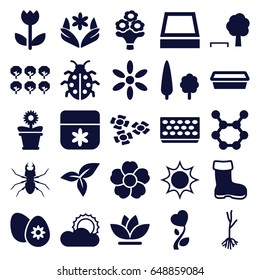 Spring icons set. set of 25 spring filled icons such as tree, boot, beetle, sun, flower, pot for plants, flower pot, ladybug, sprout, leaf, easter egg, square plant pot