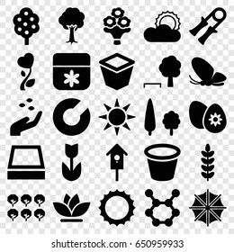 Spring icons set. set of 25 spring filled icons such as tree, hand with seeds, butterfly, flower, pot for plants, nesting house, heart flower, sun, easter egg, bouquet flower