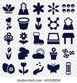 Spring icons set. set of 25 spring filled icons such as rabbit, tree, boot, hand with seeds, table, sun, flower, pot for plants, flower pot, easter egg, square plant pot