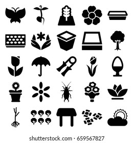 Spring icons set. set of 25 spring filled icons such as tree, beetle, umbrella, table, sun, flower, pot for plants, flower pot, sprout, bouquet flower, square plant pot, egg