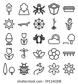 spring icons set. Set of 25 spring outline icons such as beetle, hand with seeds, flower, plowing tool, pot for plants, nesting house, ladybug, sprout, sun, tree, egg