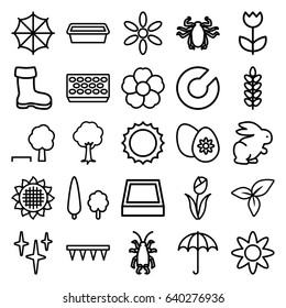 Spring icons set. set of 25 spring outline icons such as umbrella, beetle, rabbit, sunflower, boot, sun, clean, plowing tool, pot for plants, tree, flower, leaf, easter egg