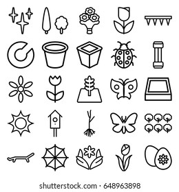 Spring icons set. set of 25 spring outline icons such as butterfly, tree, sun, flower, clean, plowing tool, pot for plants, nesting house, ladybug, sprout, easter egg