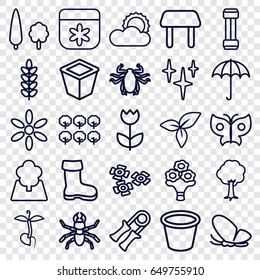 Spring icons set. set of 25 spring outline icons such as umbrella, butterfly, beetle, tree, boot, table, sun, flower, clean, pot for plants, sprout, leaf, bouquet flower