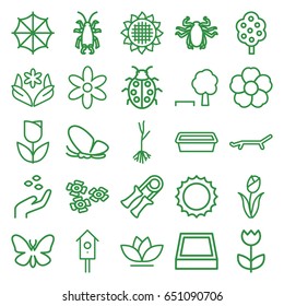 Spring icons set. set of 25 spring outline icons such as butterfly, beetle, sunflower, tree, hand with seeds, flower, pot for plants, nesting house, ladybug, sprout, sun