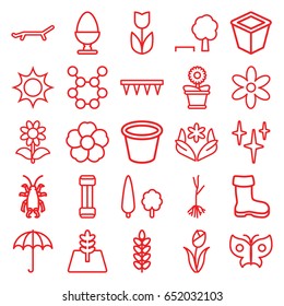Spring icons set. set of 25 spring outline icons such as umbrella, beetle, boot, flower, clean, plowing tool, pot for plants, flower pot, sprout, tree, egg, sun, butterfly