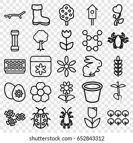 Spring icons set. set of 25 spring outline icons such as beetle, rabbit, tree, boot, sun, flower, pot for plants, nesting house, ladybug, sprout, heart flower, easter egg