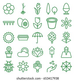 Spring icons set. set of 25 spring outline icons such as umbrella, tree, hand with seeds, sun, flower, plowing tool, pot for plants, flower pot, nesting house, ladybug, sprout