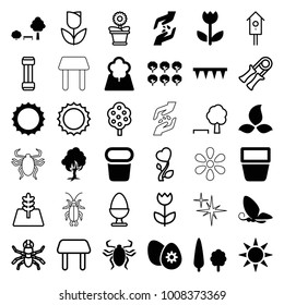 Spring icons. set of 36 editable filled and outline spring icons such as tree, plowing tool, easter egg, sun, flower, beetle, table, tulip, tree and bench, expander sport