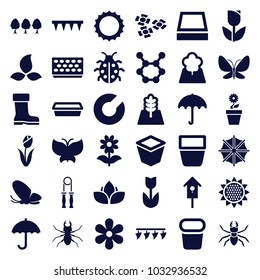 Spring icons. set of 36 editable filled spring icons such as umbrella, butterfly, beetle, flower, tulip, expander sport, plowing tool, pot for plants, nesting house, ladybug