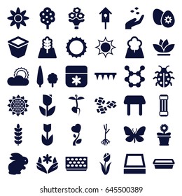 Spring icons set. set of 36 spring filled icons such as rabbit, sunflower, tree, hand with seeds, butterfly, table, flower, plowing tool, pot for plants, flower pot