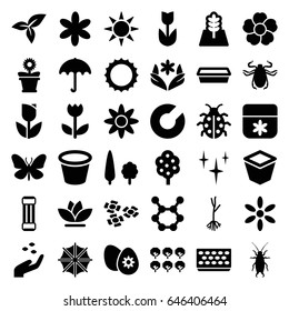 Spring icons set. set of 36 spring filled icons such as tree, hand with seeds, butterfly, beetle, umbrella, sun, flower, clean, pot for plants, flower pot, ladybug, sprout