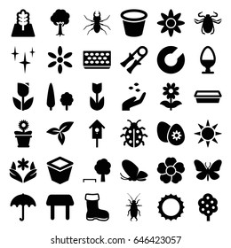 Spring icons set. set of 36 spring filled icons such as tree, boot, hand with seeds, butterfly, beetle, umbrella, table, sun, flower, clean, pot for plants, flower pot