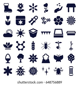 Spring icons set. set of 36 spring filled icons such as sunflower, tree, boot, hand with seeds, beetle, table, sun, flower, clean, plowing tool, pot for plants, ladybug
