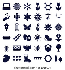 Spring icons set. set of 36 spring filled icons such as rabbit, sunflower, tree, boot, hand with seeds, butterfly, beetle, sun, flower, clean, plowing tool, pot for plants