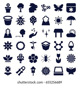 Spring icons set. set of 36 spring filled icons such as rabbit, sunflower, tree, hand with seeds, butterfly, beetle, umbrella, table, flower, clean, pot for plants, flower pot