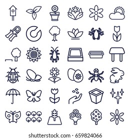 Spring icons set. set of 36 spring outline icons such as umbrella, butterfly, beetle, rabbit, sunflower, tree, hand with seeds, table, sun, flower, clean, pot for plants