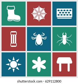 Spring icons set. set of 9 spring filled icons such as boot, beetle, table, flower, pot for plants, sun, umbrella