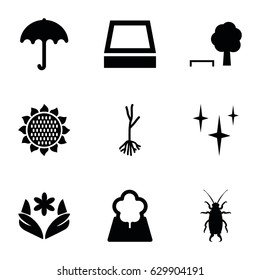 Spring icons set. set of 9 spring filled icons such as sunflower, beetle, umbrella, flower, clean, sprout, tree, square plant pot