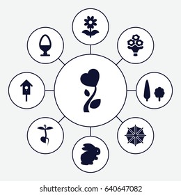 Spring icons set. set of 9 spring filled icons such as rabbit, flower, nesting house, sprout, heart flower, bouquet flower, tree, egg