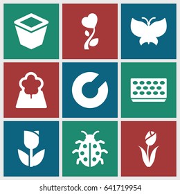 Spring icons set. set of 9 spring filled icons such as pot for plants, ladybug, heart flower, tree, butterfly, flower, tulip