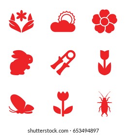 Spring icons set. set of 9 spring filled icons such as rabbit, butterfly, beetle, flower, sun