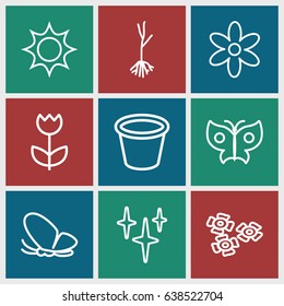 Spring icons set. set of 9 spring outline icons such as butterfly, flower, clean, pot for plants, sprout
