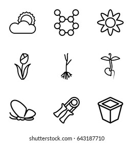 Spring icons set. set of 9 spring outline icons such as butterfly, pot for plants, sprout, sun, flower, spring rotate