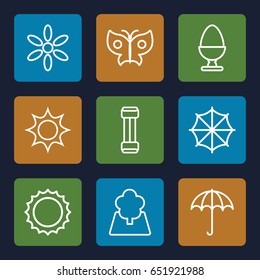 Spring icons set. set of 9 spring outline icons such as umbrella, sun, tree, egg, butterfly