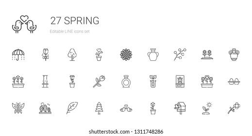 spring icons set. Collection of spring with birdhouse, tulip, love birds, pine, leaf, tree, butterfly, sprout, vase, rose, tulips, branch. Editable and scalable spring icons.