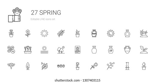 spring icons set. Collection of spring with branch, flower, plant, leaf, tree, vase, butterfly, sun, flowers, petals, sprout. Editable and scalable spring icons.