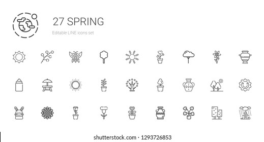 spring icons set. Collection of spring with decorative, vase, plant, flower, rose, sunflower, bunny, tree, sun, rest area, feeder, rain, butterfly. Editable and scalable spring icons.