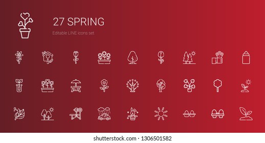 spring icons set. Collection of spring with eggs, sun, rabbit, rain, bench, tree, leaf, decorative, flower, rest area, flowers, sprout, trees. Editable and scalable spring icons.