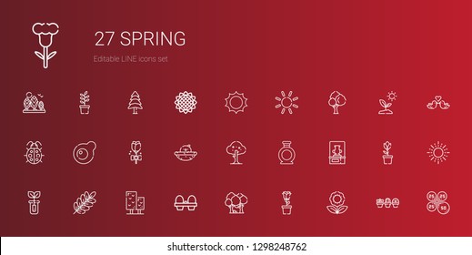 spring icons set. Collection of spring with flower, rose, forest, organic eggs, tree, branch, sprout, vase, chick, egg, ladybug, sun, petals. Editable and scalable spring icons.