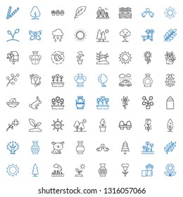 spring icons set. Collection of spring with flower, flowers, vase, sprout, lawn, tree, sun, branch, tulips, pine, love birds, rabbit, rose. Editable and scalable spring icons.