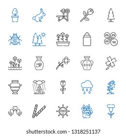 spring icons set. Collection of spring with flower, sun, decorative, love birds, tree, raining, rose, rain, vase, clover, tulips, petals, feeder. Editable and scalable spring icons.