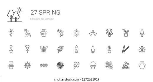 spring icons set. Collection of spring with petals, raining, clover, sunflower, plant, sun, vase, tree, branch, butterfly, flower, rose, decorative. Editable and scalable spring icons.