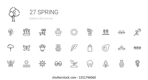 spring icons set. Collection of spring with pine tree, raining, sprout, organic eggs, sun, butterfly, egg, feeder, leaf, ladybug, vase, tree. Editable and scalable spring icons.