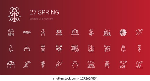 spring icons set. Collection of spring with plant, rain, vase, leaf, flower, rose, umbrella, tree, petals, decorative, sprout, love birds. Editable and scalable spring icons.
