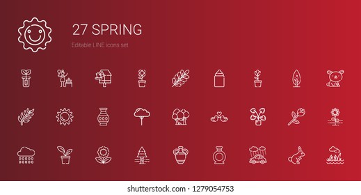 spring icons set. Collection of spring with rain, vase, pine tree, flower, plant, decorative, love birds, forest, tree, sun, branch, tulip. Editable and scalable spring icons.