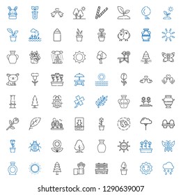 spring icons set. Collection of spring with raining, sun, plant, bench, flowers, pine, vase, butterfly, tulips, tree, flower, ladybug, rose. Editable and scalable spring icons.