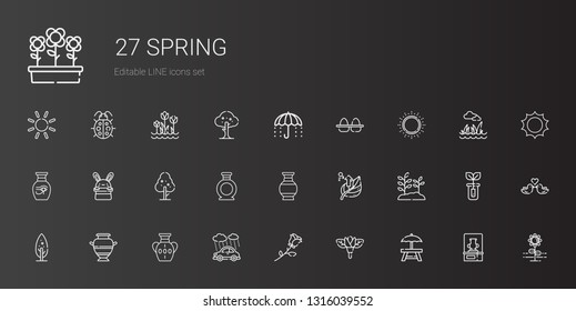 spring icons set. Collection of spring with rest area, flower, rose, rain, vase, tree, plant, leaf, bunny, sun, eggs, umbrella, love birds. Editable and scalable spring icons.