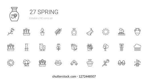 spring icons set. Collection of spring with rose, vase, love birds, nest, flowers, forest, sun, tree, flower, bird house, rabbit, organic eggs. Editable and scalable spring icons.
